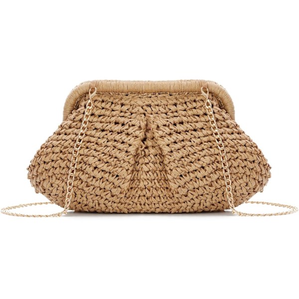 Stråväska Dam Moln Bröllopsfest Strå med Kedja Vävd Strå Crossbody Väskor för Semester Strand Caqui