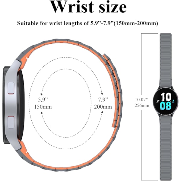 Pehmeä ranneke yhteensopiva Samsung Galaxy Watch 4/5/6 -rannekkeen kanssa naisille ja miehille, klassinen silikoninen urheiluranneke magneettilukolla Grey/Orange