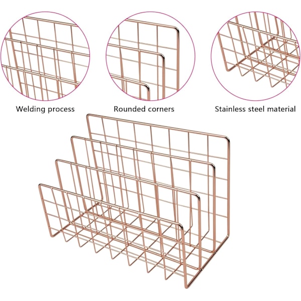 Metal Magasinholder til Skrivebord, Filholder med 3 Rum, Jerntråd Opbevaringsreol, Filorganisator, Multifunktionel Brevfil, Bogopbevaringskurv Rose Gold