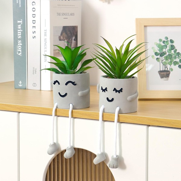 Sett med 2 Kunstige Potteplanter Søte Fake Sukkulenter med Hengende Bein Emosjonell Cement Faux Sukkulenter Potteplante Dekor 2 Pcs- Squint Shy