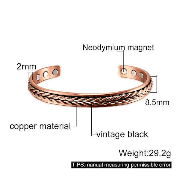 Ren Koppar Magnetarmband Fördelar 8.3mm Justerbar Manschett Koppar Magnetarmband Artrit Smärtlindring Energiarmband Män 8.5mm