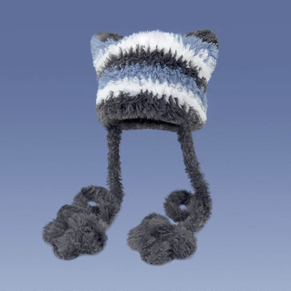 Kissakorva pipo naisille, korvasuoja, tuulenpitävä hiihtopipo, talvihattu sininen ja harmaa Blue and Gray Hat Circumference 56cm to 58cm