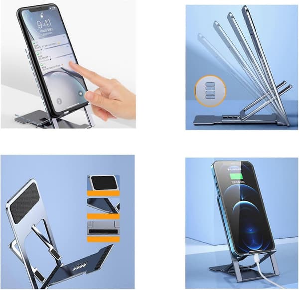 hin Bærbart foldbart mobiltelefonstativ, justerbart foldbart telefonstativ, foldbart stativ til skrivebord, rejse-lommestativ kompatibelt med iPhone Smartp Black