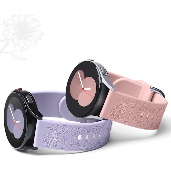 Auringonkukka kaiverrettu ranneke yhteensopiva Samsung Galaxy Watch 7 6 5 4 40mm 44mm naisille, 20mm pehmeä silikoniranneke Galaxy Watchille Lavender