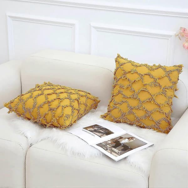 Wekity Senapsgul Dekorativa Kuddfodral 45 x 45 cm 2-pack Boho Prydnadskuddfodral för Soffa och Bäddsoffa, 100% Bomull