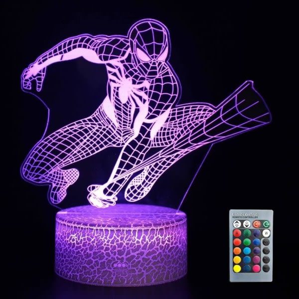 Spiderman 3D-nattlys for barn, Spiderman-leker for gutter, Superhelt 3D Illusion-lampe med 16 fargeskiftende og skrivebordslampe med fjernkontroll (A)