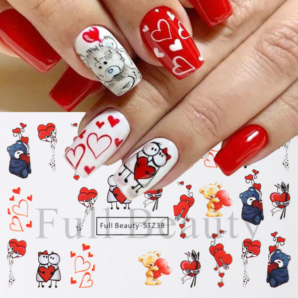 L Nail Stickers Romantisk bjørnekjærlighetsbrev med hjerte, kjærlighetstre vannmerke-klistremerke FB-STZ38