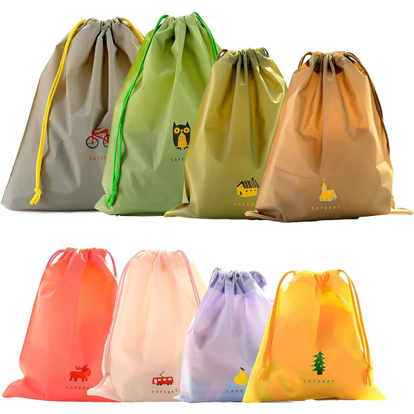 8 stykker farverige rejsetasker, rejsetasker, vandtæt taske med snøre, til rejser og camping, opbevaring af brugte småting