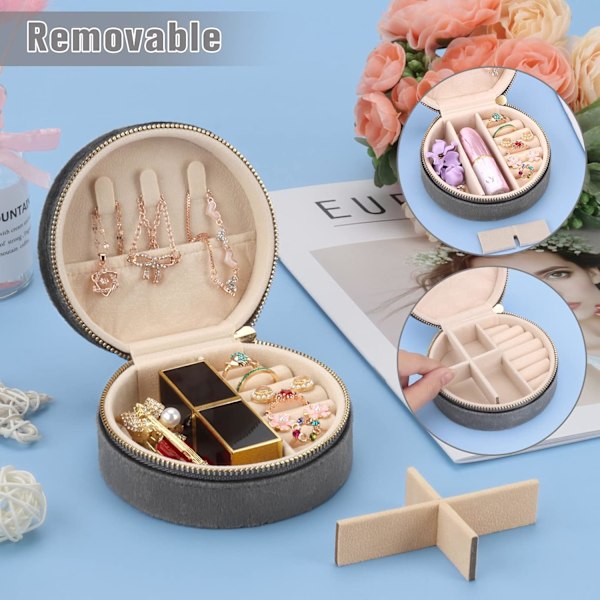 Mini Velvet Rejse Smykkeskrin, Rejse Smykkeboks Organizer, Lille Smykke Organizer Opbevaring til Ringe Øreringe Halskæder Armbånd Semicircle Grey
