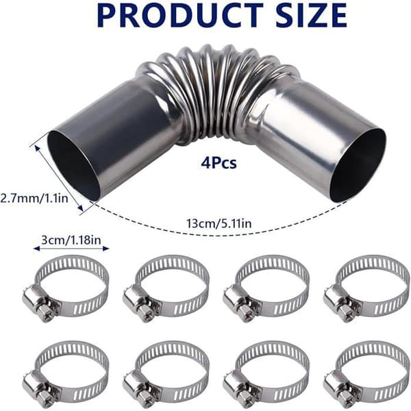 Rustfrit Stål 90° Udstødningsrør Albue - 4 stk., 25mm, med 8 Rørklemmer, til Bilvarmer/Dieselgenerator