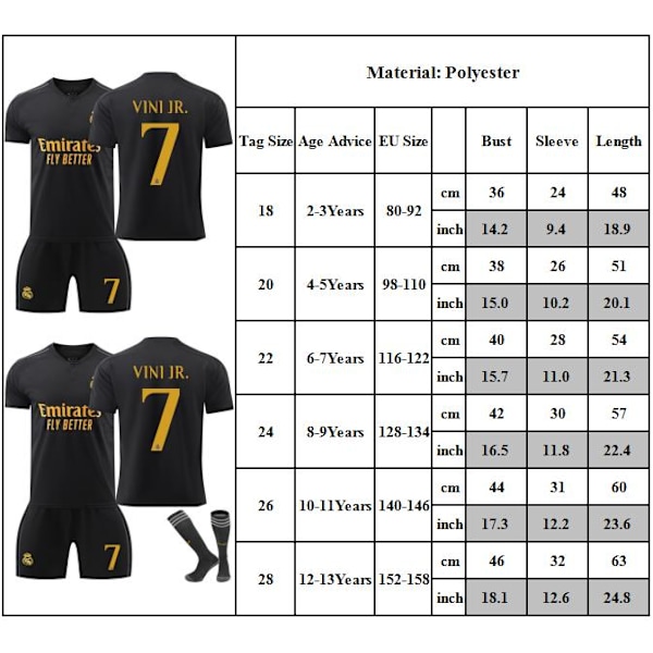 2024-2025 Real Madrid Bortatröjor Barn Fotbollströja Set Nr 7 Vini Jr. Tröjor Kläder Fotboll Träningsuniform 18
