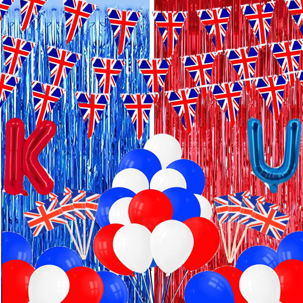 Blå fransgardin Ballonger Flaggor Banderoller Tillbehör för brittiska kungar kröning Party Dekor