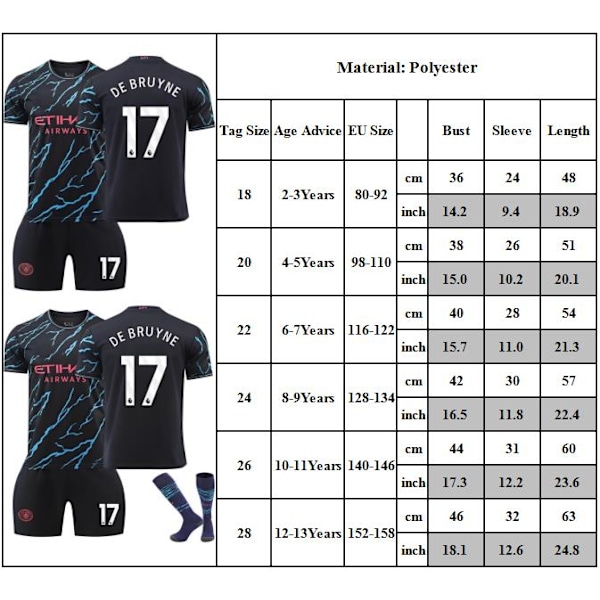 NO.17 DE BRUYNE Fotbollströja Barn Pojkar T-shirt Shorts Strumpor Jersey Sommar Träningsdräkt Set 24