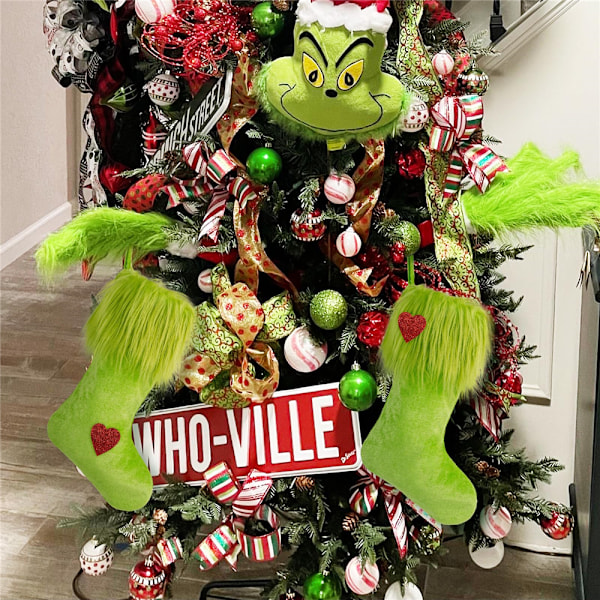 Gröna Grinches Julstrumpor Julgran Hängande Dekoration Presenter Påsar Prydnadsföremål
