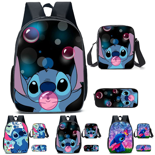 3 st/set Lilo & Stitch Ryggsäck Barn Cross Body Lunchbag Pennfodral Skolväska A