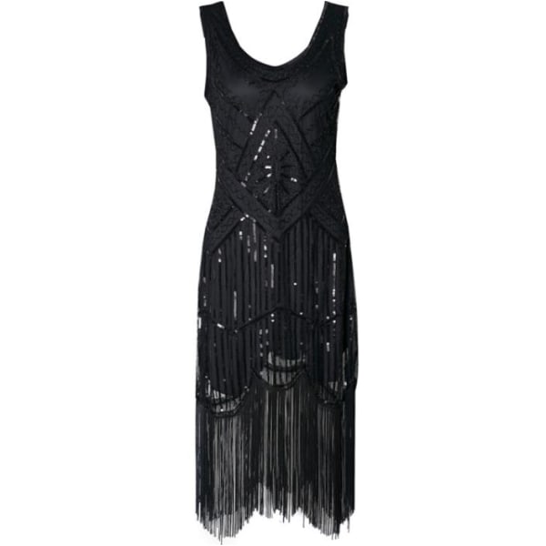 Vintage för kvinnor ärmlös klänning 1920-talets paljettpärlor Black 2XL