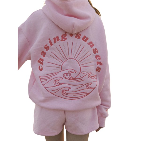 Dam oversized huvtröjor Chasing Sunsets Grafisk tryck Casual Långärmad Lätt axel Pullover topp Pink-B L