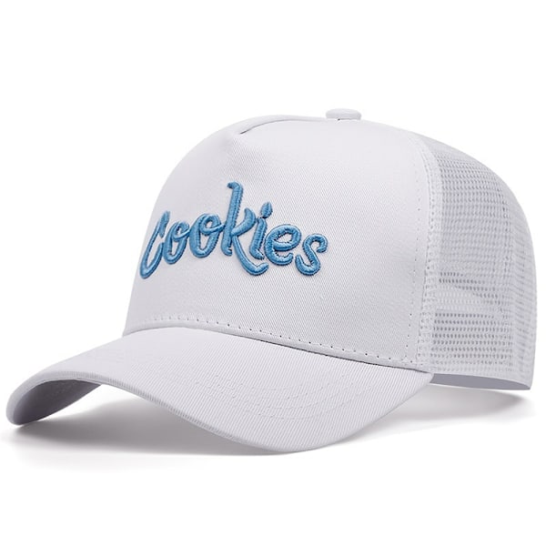 Cookies Broderad Trucker Mesh Basebollkeps för Män Sommar Andningsbar Hip Hop Keps White