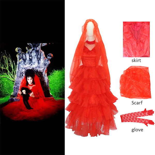 Flickans Lydia Deetz Kostymklänning med Tillbehör Halloween-Outfit Set XL