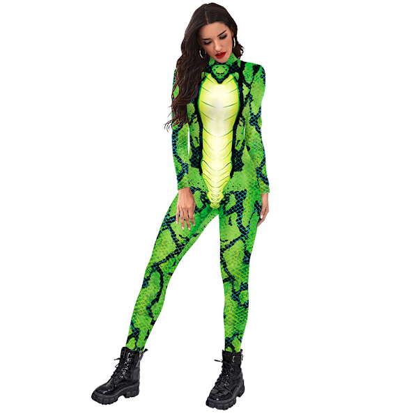 Dam Grön Orm Djurtryck Catsuit Kostym Cosplay Party Jumpsuit Bodysuit Skinny S-XL M