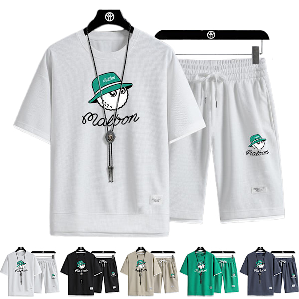 Herrar Walf Rutiga Sommar Casual Tracksuit Kortärmad Topp & Shorts Sportset Utomhus Träning Bomulls T-shirts Shorts Sportkläder Green 2XL