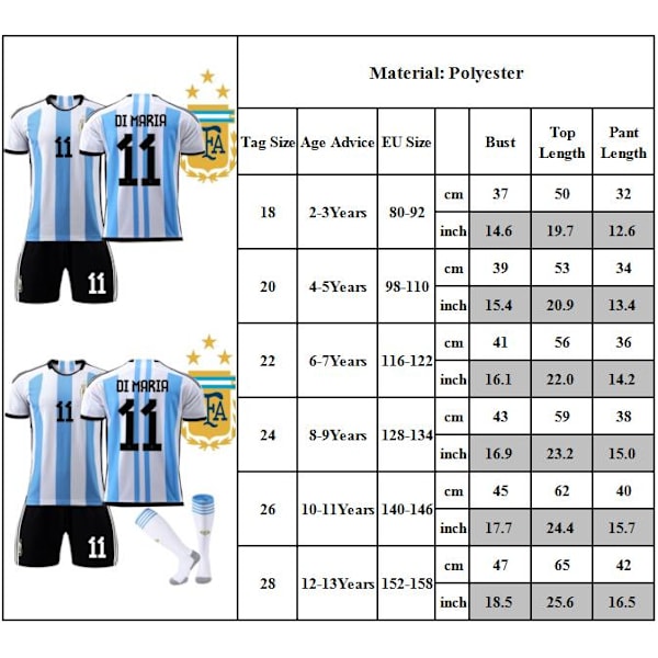 NO.11 Di Maria Fotbollströja Barn Pojkar T-shirt Shorts Strumpor Tröja Sommar Träningsdräkt Set 22
