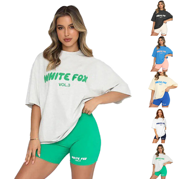 Dam Sommar 2-delad Vit Fox Träningsoverall Set Casual Sport Smal T-shirt Shorts White+Green Pants XL