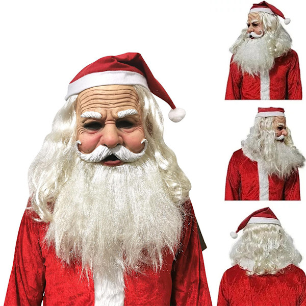 Jultomten Santa Claus Realistisk Latex Mask Helmask med Röd Tomteluva + Skägg