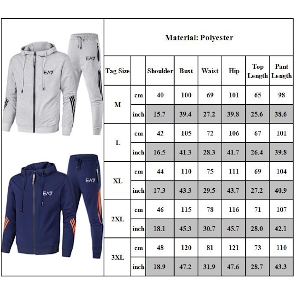 EA7 Herrträningsdräkter Huvtröjor Jackor Rockbyxor Set Dragkedja Huvtröja Toppar Sweatsuit Light Grey XL