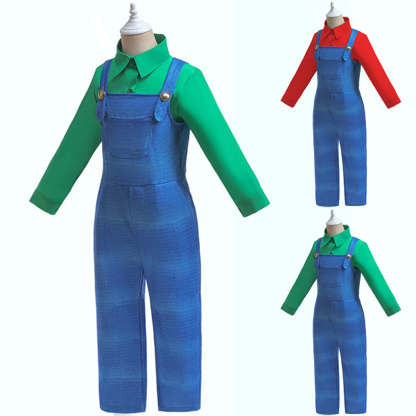 Mario Kostym Barn Cosplay Kostym Skjortor och Hängslen Outfit green 130cm