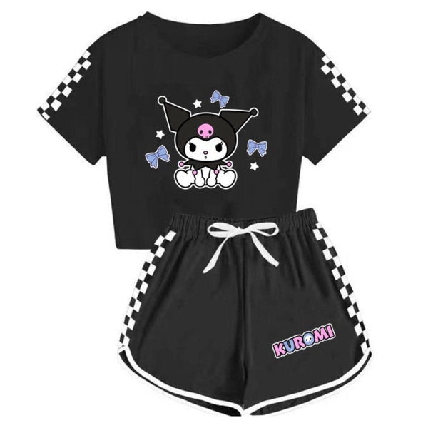 Barn Flickor Kuromi printed kortärmad T-shirt+shorts Sport Casaul Outfits Set Black 150cm