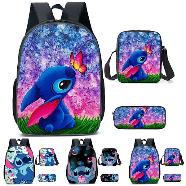 3 st/set Lilo & Stitch Ryggsäck Barn Cross Body Lunchbag Pennfodral Skolväska C