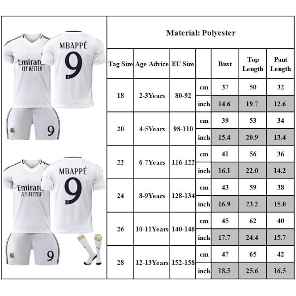 Real Madrid Hemma Fotbollströjor Barn Fotbollströja Set Nr 9 Mbappé Tröjor Kläder Fotboll Träningsuniform 18
