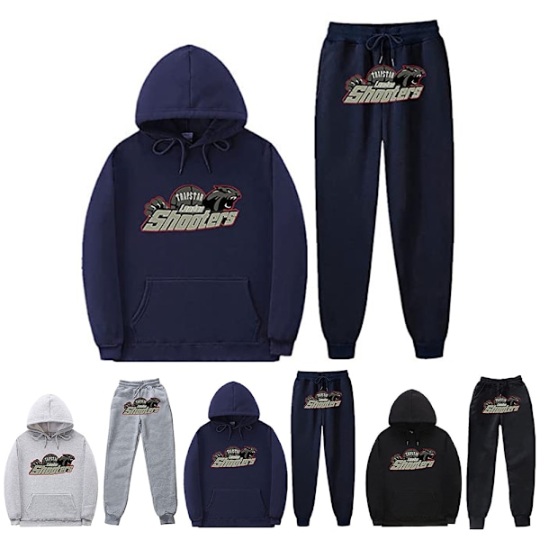 Träningsdräkt för män, långärmad huvtröja med huva och sweatpants, hoodie-set Navy L