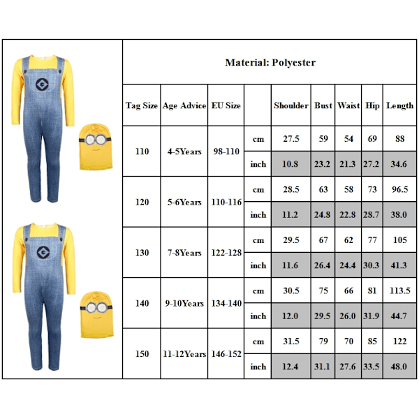 Minions-dräkt för pojkar 4-12 år, Halloween-kostym, cosplay-jumpsuit med hatt 110cm