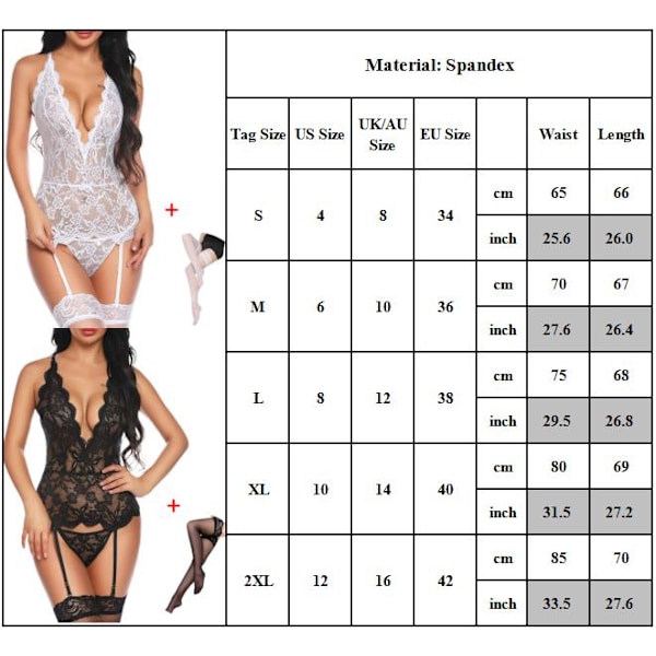 Damunderkläder Sexig Spets BH Höfthållare Kroppsstrumpor Stringtrosor Set Underkläder Lingerie Black 2XL