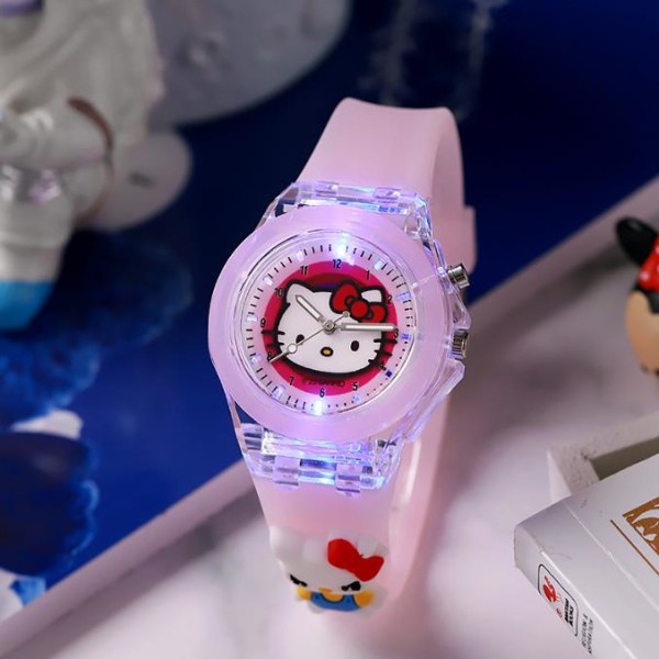 Cartoon Night Luminous Quartz Watch LED-blinkande silikonklockor Barnpresenter Pink KT Cat