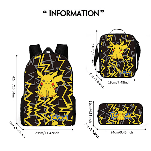 Pikachu Ryggsäck Set - Skolväska, Lunchväska Pencial Cese Set Skolartiklar för Barn