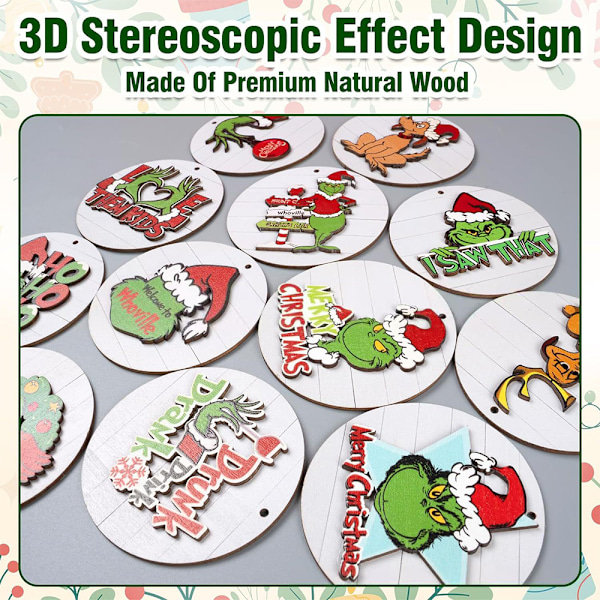 24 st Grinches julgranspynt 2D Hängande Dekoration i Trä 24PCS