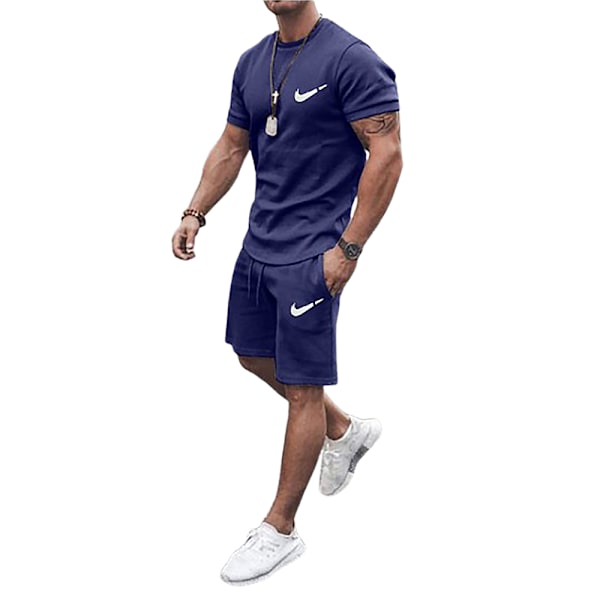 Män Sommar Casual Kortärmad Loungewear Tracksuit T-shirts Shorts Outfits Navy Blue XL