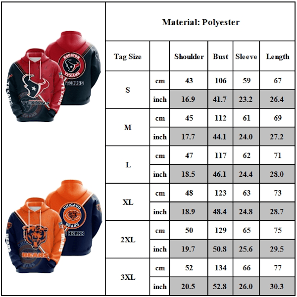 Huvtröja för män NFL Patriots Bears Print Casual Sport Hooded Pullover Sweatshirt B M