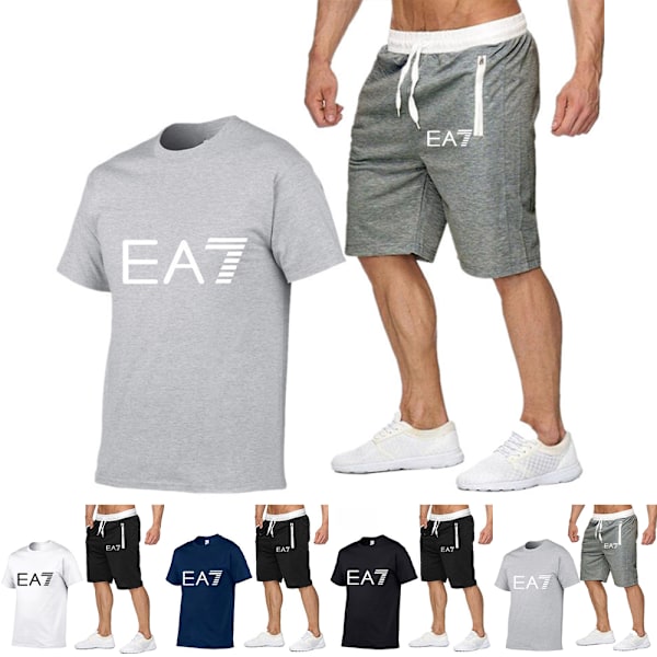 Sommarset för män - T-shirt och Shorts - Sport, Kortärmad + Shorts, Casual Topp, Träningsdräkt C 2XL