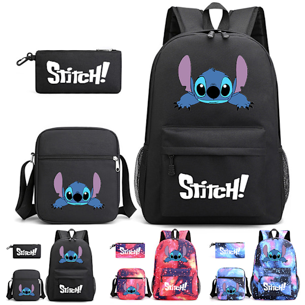 Skolväska Lilo och Stitch Ryggsäck Barn Ryggsäck + Pennfodral + Lunchväska Black