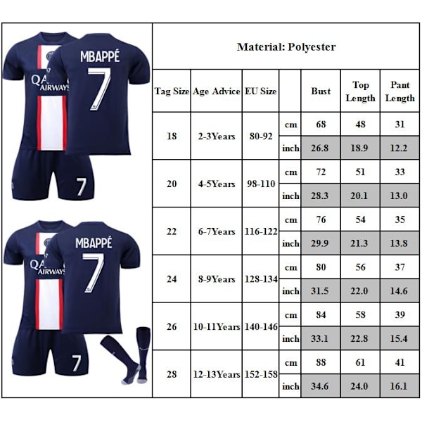 NO.7 Mbappé Fotbollströja Barn Pojkar T-shirt Shorts Strumpor Jersey Sommar Träningsdräkt Set 26