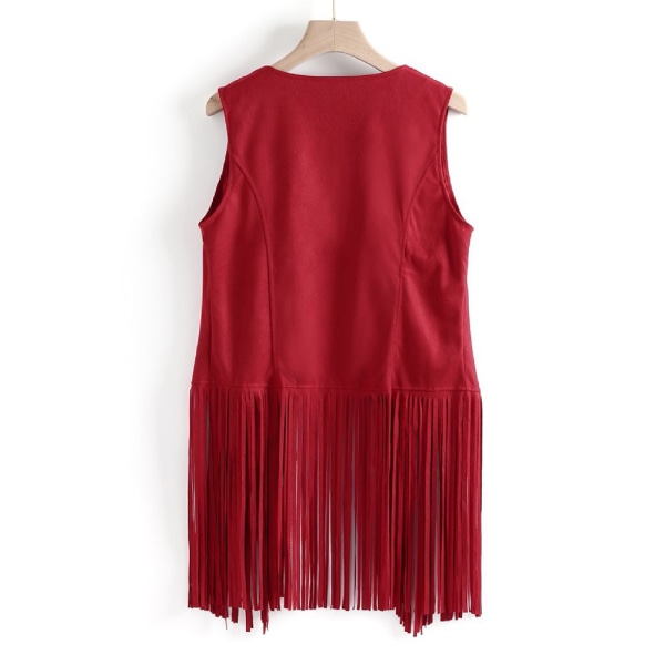 Vintage fransväst dam ärmlös tofsar kofta väst red 3XL