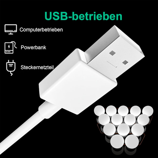LED Spegellampa i Hollywoodstil med 3 Färger för Spegelbelysning, Smink, Fyllningsljus och Skönhet, Roterbar, Med USB-strömförsörjning