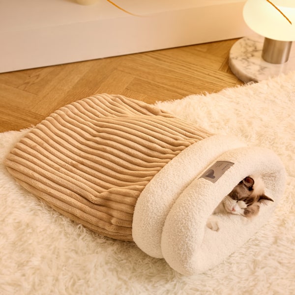 Vintervarm Kattkoja Sovsäck Mysig Mjuk Husdjursbädd Halvinklädd Plysch Kattbädd Brown L