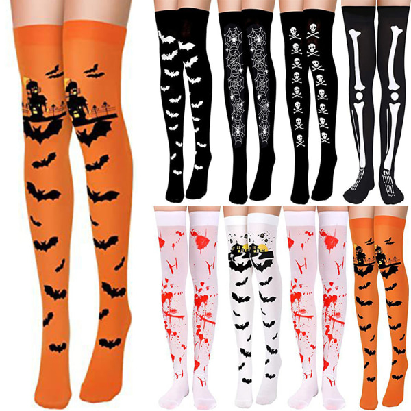 Halloween-strumpor för kvinnor, över knäet, långa, höga strumpor E