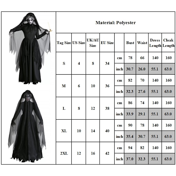Halloween Vampyrkostym Häxa Cosplay Outfit Spökhustru Kvinna Festkläder XL
