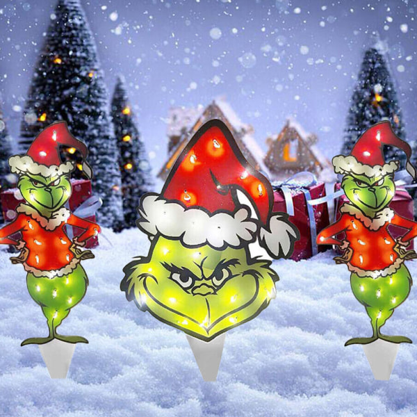 3PCS Jul LED Ljus Grinch Figur Dekoration Trädgårds Prydnader 3PCS